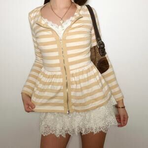 Y2k tan and white striped double zip- zip up jacket